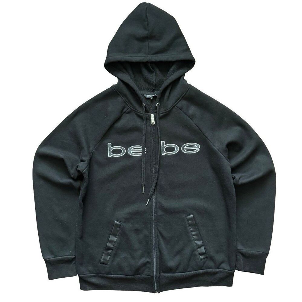 Y2K Bebe Sport Black Zip Up Hoodie Women’s Size L Full Zip Embroidered Logo